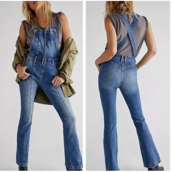 Free People We the Free Denim Camilla Slim Boot Cut Overalls Blue New NWT Medium - Picture 1 of 11